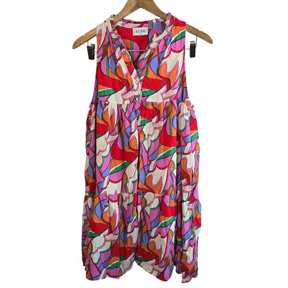 Size L – Mid-Mod Abstract Babydoll Ruffle Dress - Picture 1 of 5